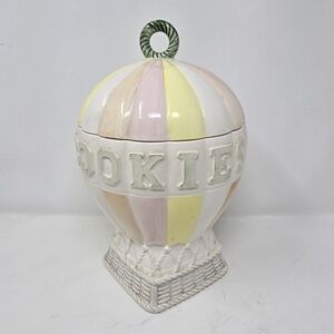 Vtg 1980 ceramic hot air balloon biscuit cookie jar Japan whimsical pastel retro